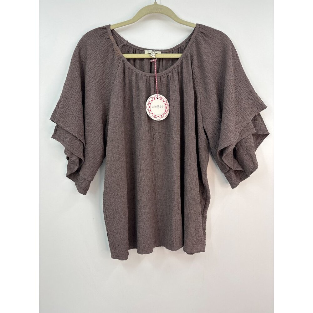 Umgee Brown Textured Ruffle Sleeve Blouse